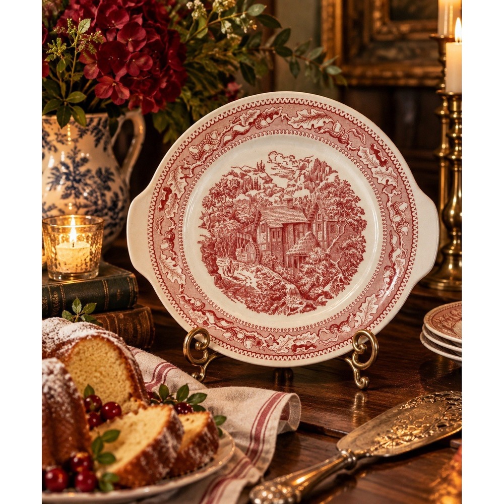 Vintage 1965 Royal China Memory Lane Red Transferware Ironstone Handled Platter